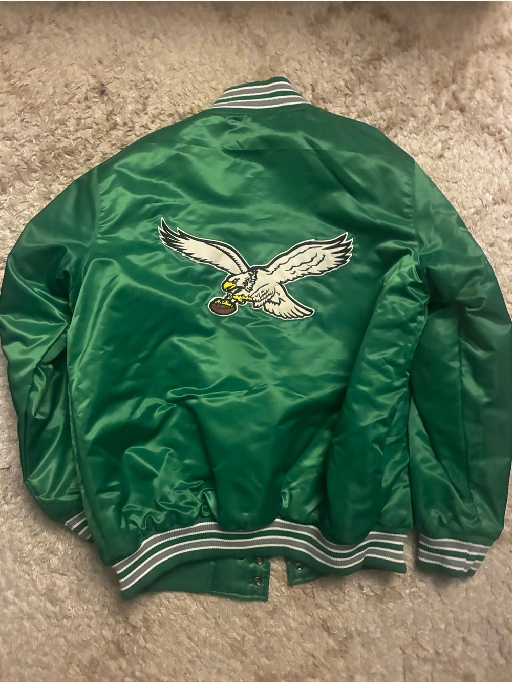 STARTER Green Satin Varsity Bomber Jacket with Eagle Patch